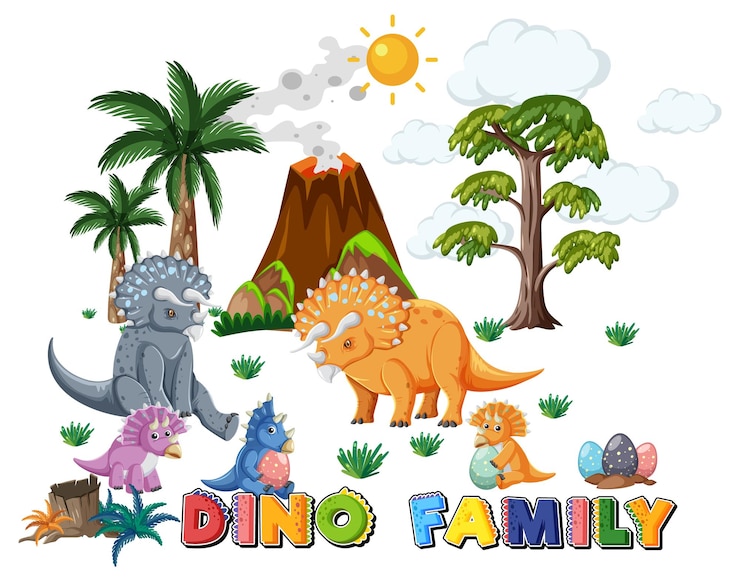 Vetor grátis família de dinossauros com objetos florestais