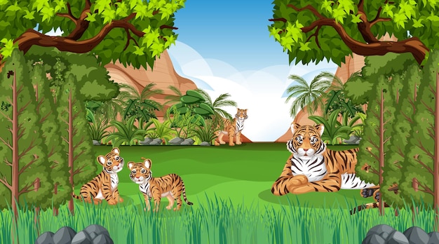 Família de tigres em cena de floresta ou floresta tropical com muitas árvores