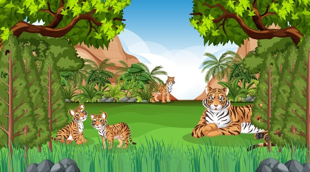 Família de tigres em cena de floresta ou floresta tropical com muitas árvores