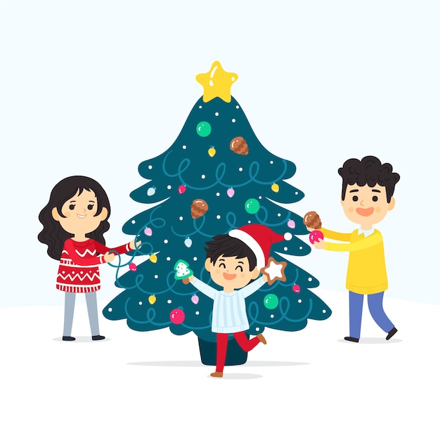 Vetor grátis família decorando a árvore de natal