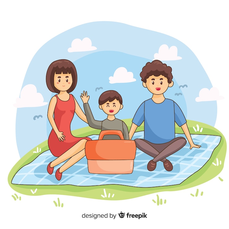 Vetor grátis família desenhada mão, tendo uma ilustração de piquenique