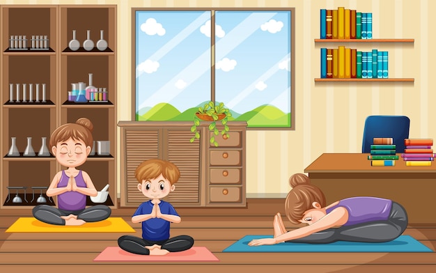 Família fazendo ioga em cena de estúdio de ioga