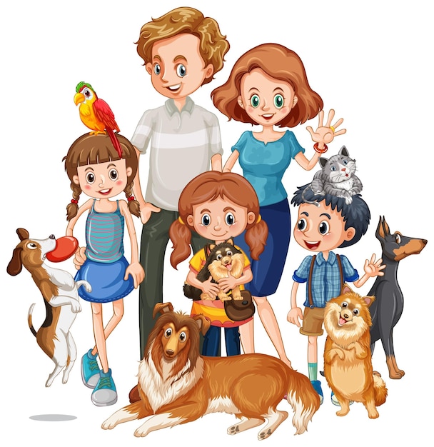 Família feliz com seus animais de estimação em estilo cartoon