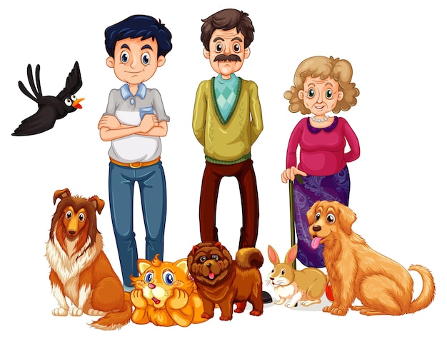 Família feliz com seus animais de estimação em fundo branco