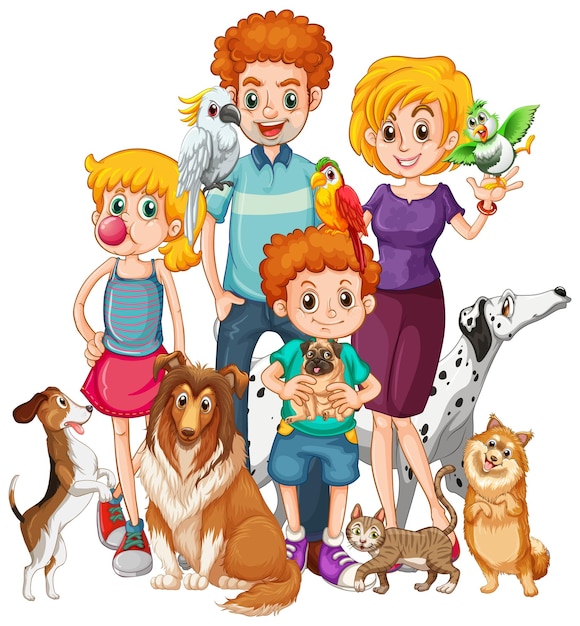 Vetor grátis família feliz com seus cães em estilo cartoon