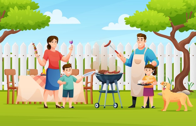 Família feliz desfrutando de uma festa de churrasco ao ar livre ilustração dos desenhos animados Vetor Premium