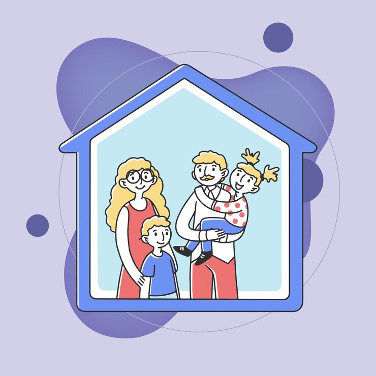 Vetor grátis família feliz na sua própria casa