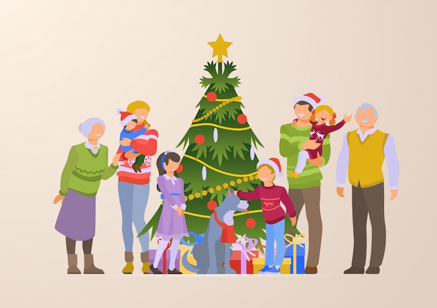 Vetor grátis família feliz perto de árvore de natal e caixas de presente ilustração plana