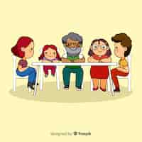 Vetor grátis família feliz sentado à mesa, design de personagens