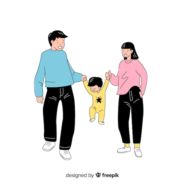 Família jovem no estilo de desenho coreano