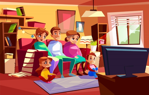 Família, junto, olhando televisão, ilustração, de, pais, e, crianças, sentar sofá