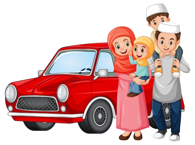 Família muçulmana ao lado do carro