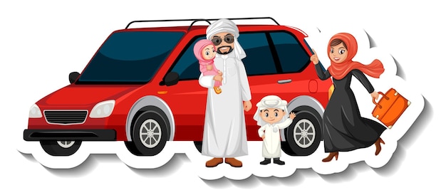 Vetor grátis família muçulmana em frente a um carro