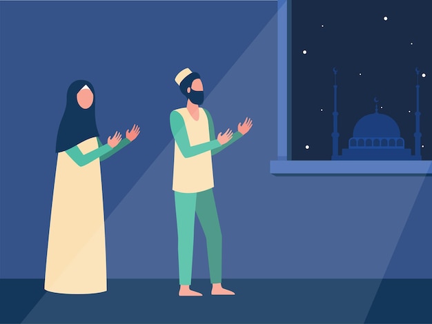 Família muçulmana orando à noite junta