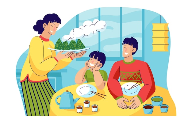 Família plana, preparando zongzi