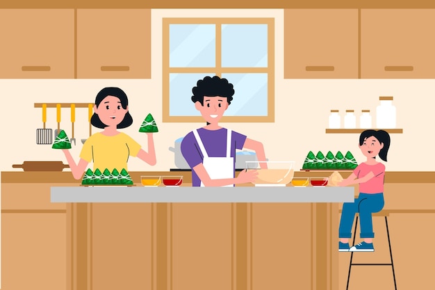 Família preparando e comendo zongzi ilustrado