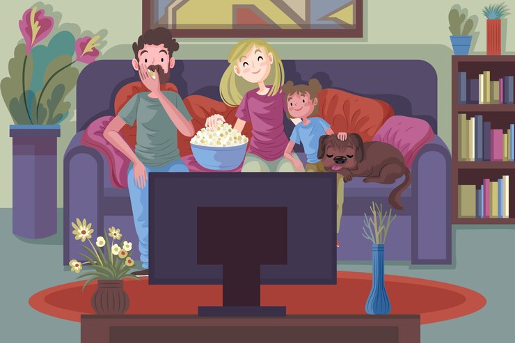 Vetor grátis família relaxando em casa enquanto assiste a um filme
