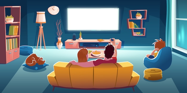 Vetor grátis família sentada no sofá e assistir tv na sala de estar à noite. ilustração dos desenhos animados do interior da sala de estar com vista traseira do casal no sofá, menino na cadeira e tela de televisão brilhante