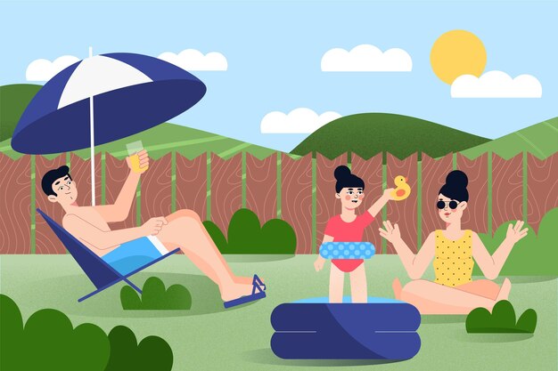 Família sentada no sol staycation