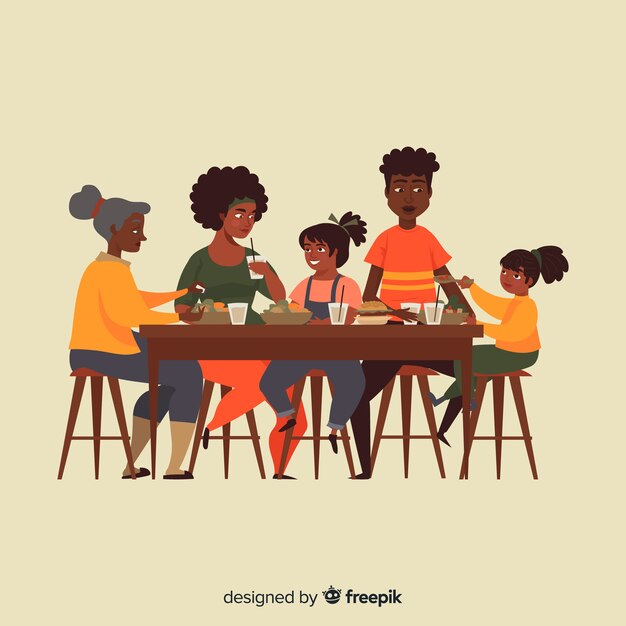 Família, sentando, ao redor, a, tabela, ilustração