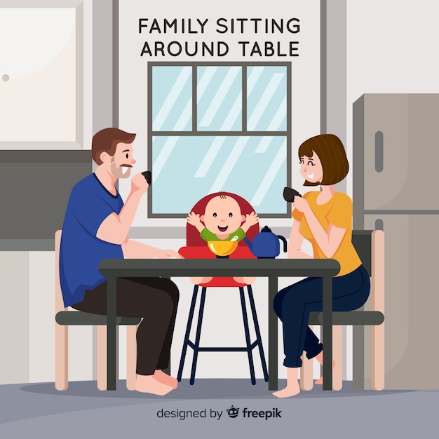 Vetor grátis família, sentando, ao redor, tabela