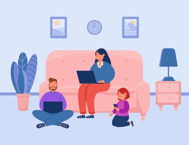 Vetor grátis família usando laptops e telefone em vez de comunicação real. pessoas viciadas sentadas com dispositivos digitais no chão de casa e ilustração vetorial plana do sofá. dependência do conceito de mídia social