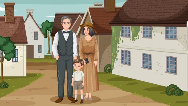 Família Vintage em um cenário rural