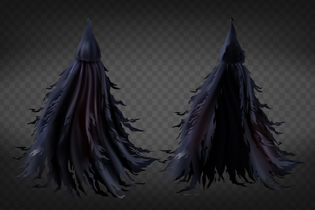 Vetor grátis fantasia de bruxa realista com capuz, capa preta áspera para festa de halloween