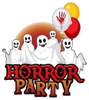 Fantasma de halloween com logotipo da palavra horror party