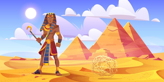 Vetor grátis faraó egípcio antigo com a haste no deserto com pirâmides. ilustração em vetor dos desenhos animados da paisagem com dunas de areia amarelas, túmulos do faraó, figura do rei do egito e tumbleweed