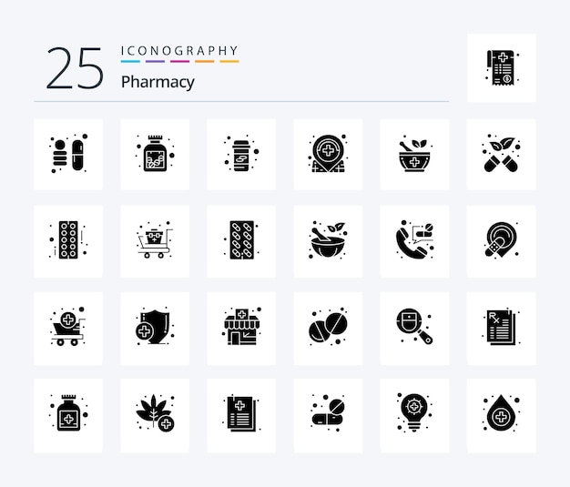 Farmácia 25 pacote de ícones de glifos sólidos, incluindo farmácia alternativa, localização de remédios