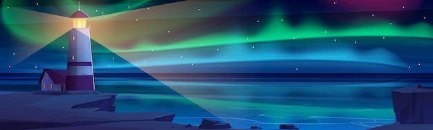 Vetor grátis farol na costa do mar com aurora boreal brilhando no céu noturno. cenário, natureza, oceano, paisagem, com, farol, edifício, brilhante, e, luz polares, iluminação iridescente, ilustração vetorial