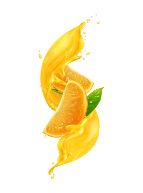 Fatias de laranja realistas em suco espirram ilustração vetorial