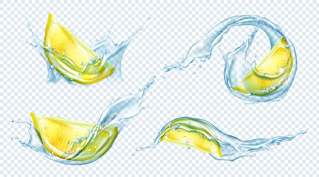 Vetor grátis fatias de limão em respingos de água ou suco