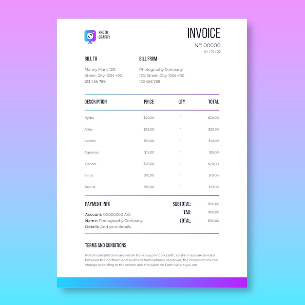 Fatura de fotógrafo de estúdio simples com gradiente