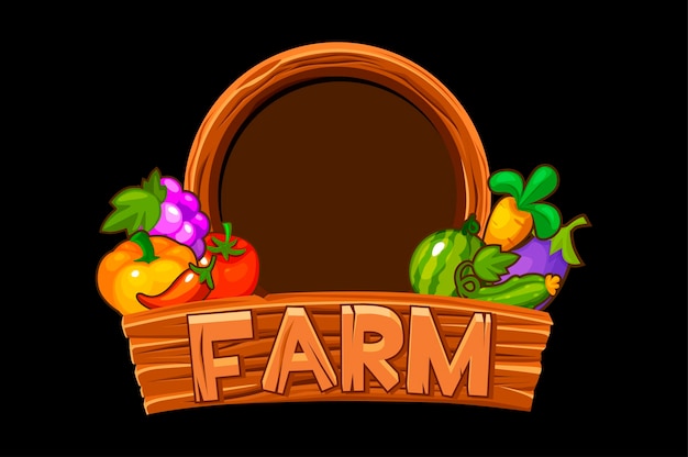 Fazenda de logotipo de madeira com legumes e frutas para gui do jogo.