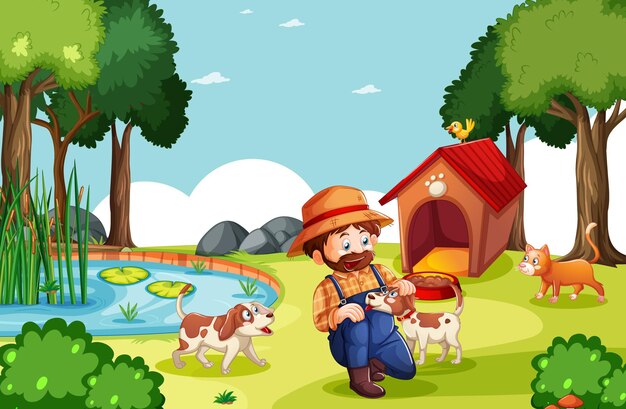 Fazendeiro com fazenda de animais em cena de fazenda em estilo cartoon