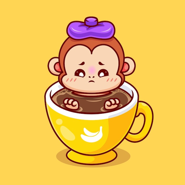 Febre de macaco bonito no ícone do vetor dos desenhos animados do café ilustração conceito de ícone de bebida animal isolado