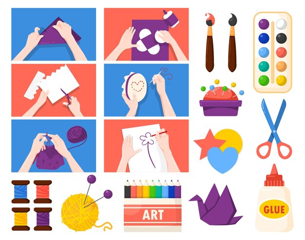 Feito à mão presentes presentes arte criativa negócios atividades de alívio do estresse conjunto plano com ilustração de pintura de tricô dobrável de papel