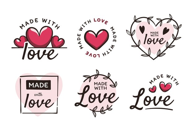 Feito com design plano de coleção de etiquetas de amor