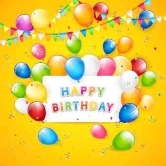 Feliz aniversário amarelo fundo com cartão de férias, galhardetes, balões coloridos voadores, enfeites e confetes, ilustração.