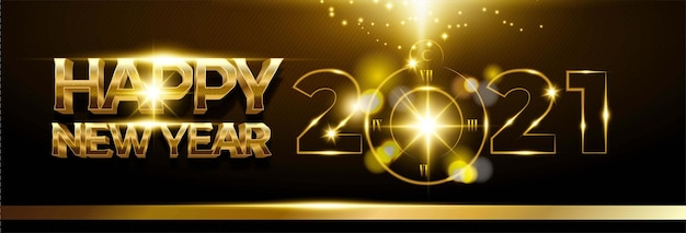 Feliz ano novo 2021, fundo com número dourado e relógio