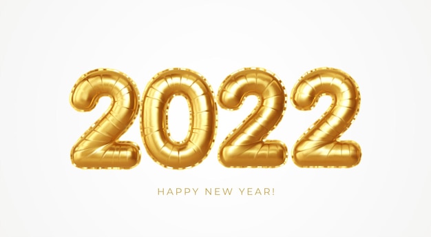 Feliz ano novo 2022 balões de folha de ouro metálico em um fundo branco. os balões de hélio dourado chegam a 2.022 no ano novo. ilustração eps10 do ve3ctor