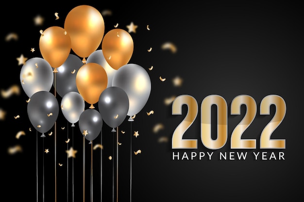Feliz ano novo 2022 desenho vetorial com balão branco preto e dourado