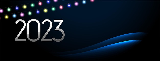 Feliz ano novo 2023 banner de festa com corda de luz colorida