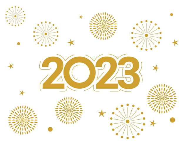 Feliz ano novo 2023 cartão com fogos de artifício dourados