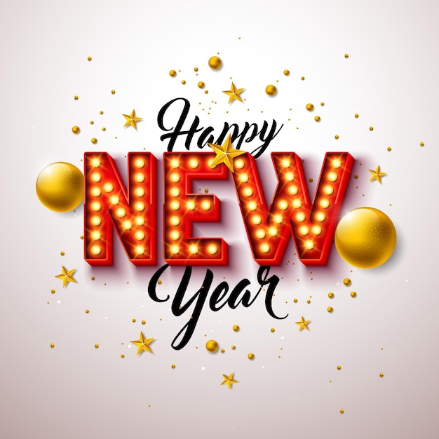 Feliz ano novo 2023 design com número de lâmpada brilhante e bola de vidro dourada em fundo branco