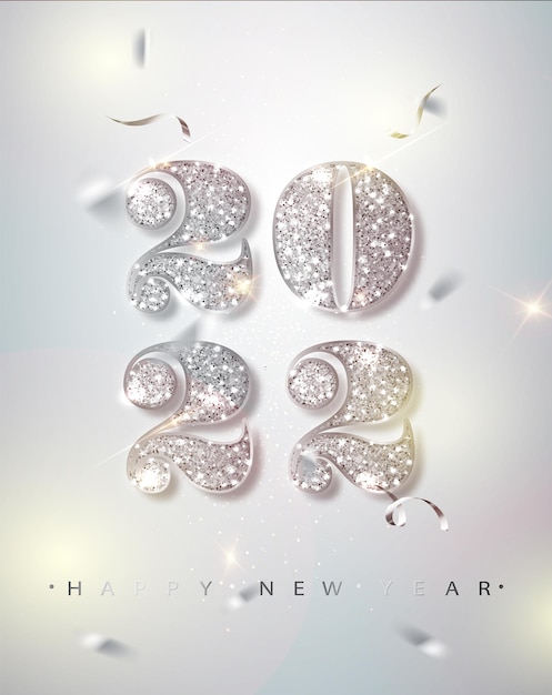Feliz ano novo banner com números de prata 2022 no fundo brilhante com confetes a voar.