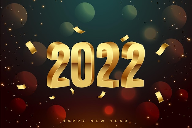 Feliz ano novo de 2022 texto em 3D dourado realista com fundo de confete