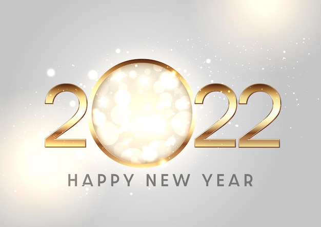 Feliz ano novo fundo com letras douradas e números com luzes de bokeh e design de estrelas